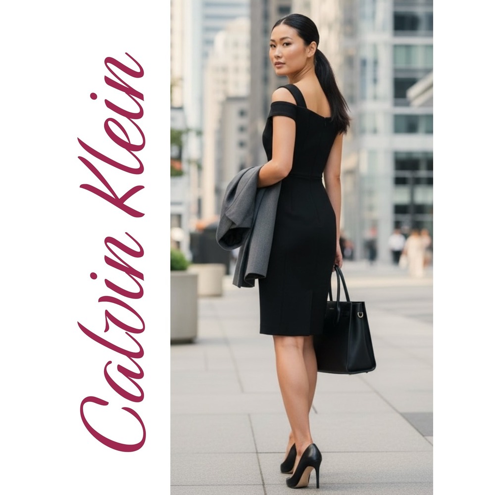 Calvin Klein Black Cold Shoulder Scuba Sheath Dress Sweetheart Neckline Size 8 - Picture 3 of 11
